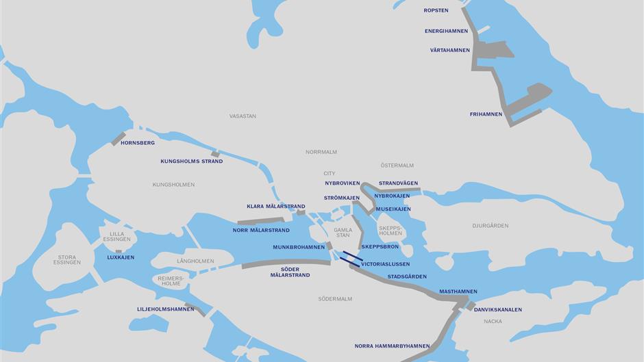 Karta över Stockholms Hamnars hamnområden i Stockholm