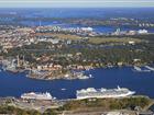 Flygbild över centrala Stockholm och dess hamnar